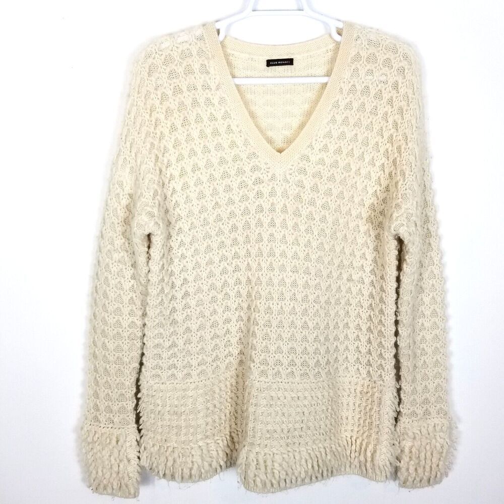 Club‎ Monaco Women Wool Blend Sweater Sz M Cream Oversize Pullover Textured Knit
